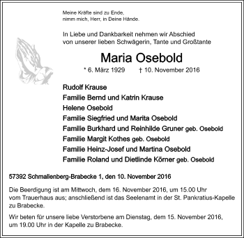 Traueranzeige von Maria Osebold von Tageszeitung