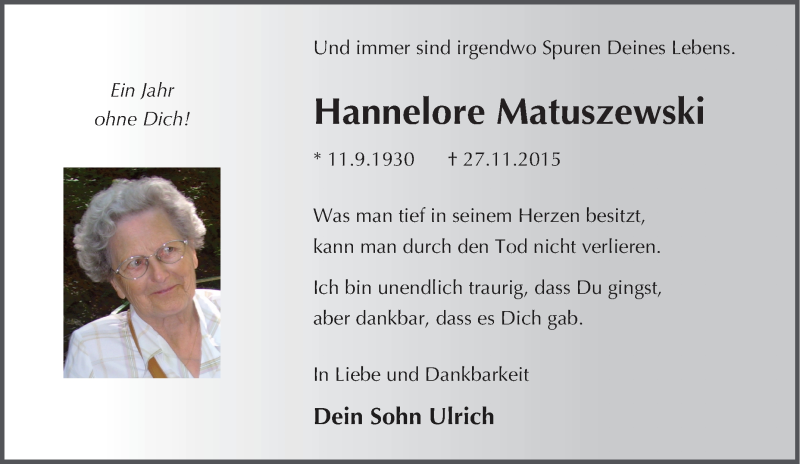  Traueranzeige für Hannelore Matuszewski vom 26.11.2016 aus Tageszeitung