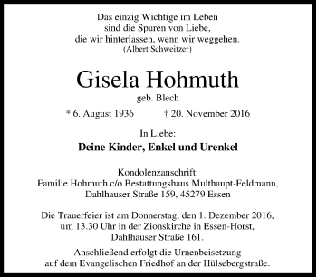 Traueranzeige von Gisela Hohmuth von Tageszeitung