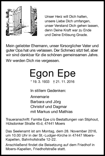 Traueranzeige von Egon Epe von Tageszeitung