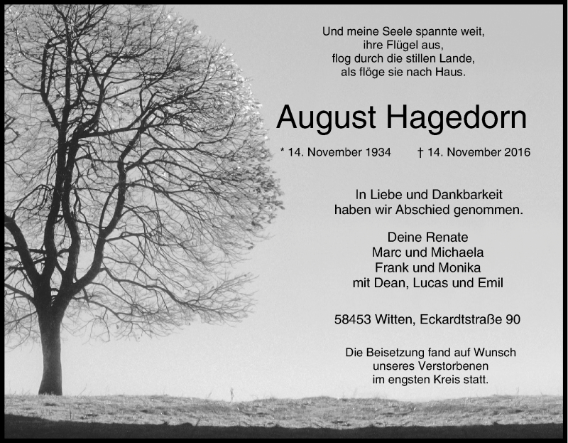  Traueranzeige für August Hagedorn vom 21.11.2016 aus Tageszeitung