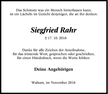 Traueranzeige von Siegfried Rahr von Tageszeitung