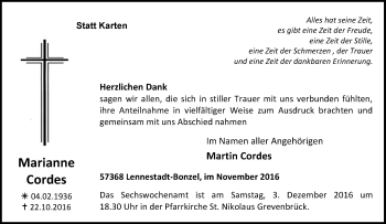 Traueranzeige von Marianne Cordes von Tageszeitung