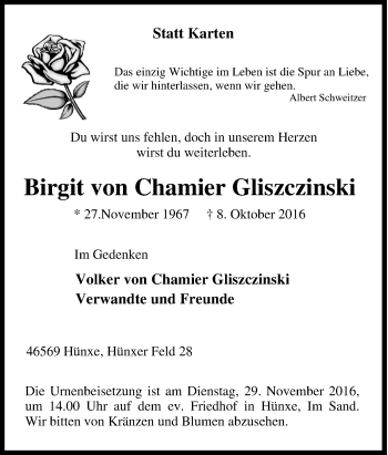 Traueranzeige von Birgit von Chamier Gliszczinski von Tageszeitung