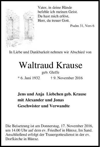 Traueranzeige von Waltraud Krause von Tageszeitung