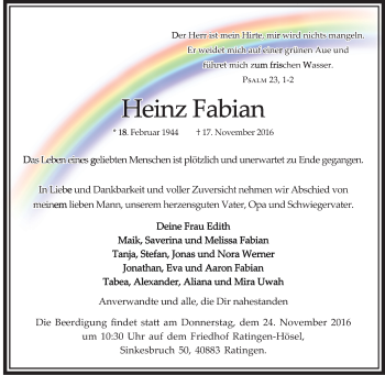 Traueranzeige von Heinz Fabian von Tageszeitung