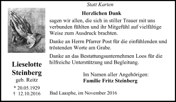 Traueranzeige von Lieselotte Steinberg von Tageszeitung