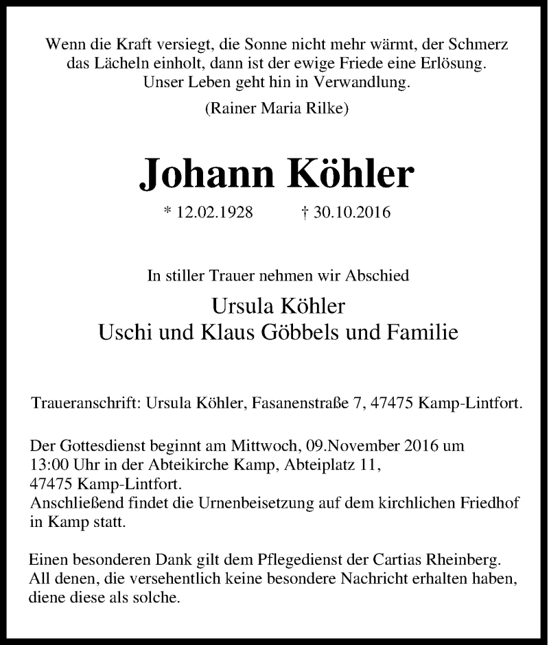 Traueranzeigen von Johann Köhler TrauerinNRW.de
