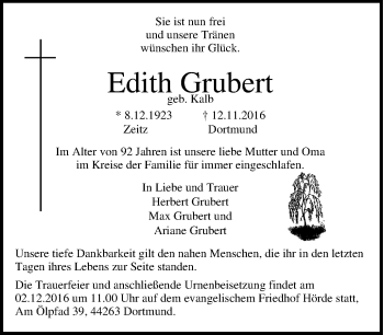 Traueranzeige von Edith Grubert von Tageszeitung