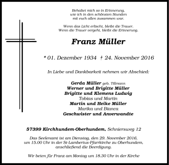 Traueranzeige von Franz Müller von Tageszeitung