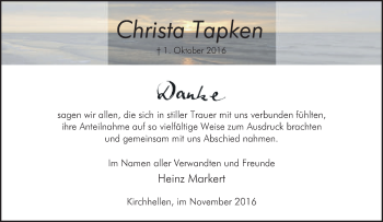 Traueranzeige von Christa Tapken von Tageszeitung