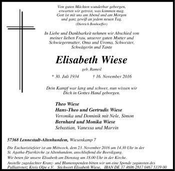 Traueranzeige von Elisabeth Wiese von Tageszeitung