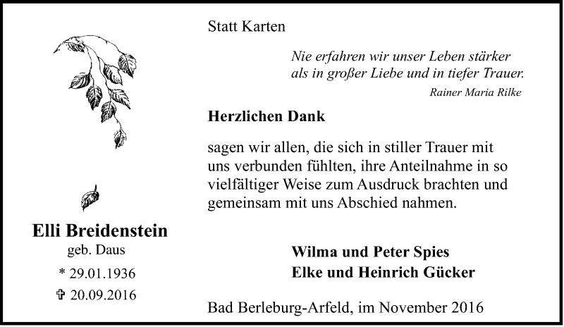  Traueranzeige für Elli Breidenstein vom 05.11.2016 aus Tageszeitung