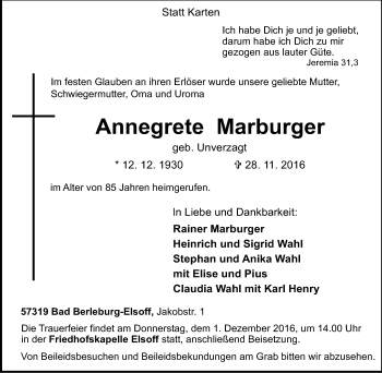 Traueranzeige von Annegrete Marburger von Tageszeitung