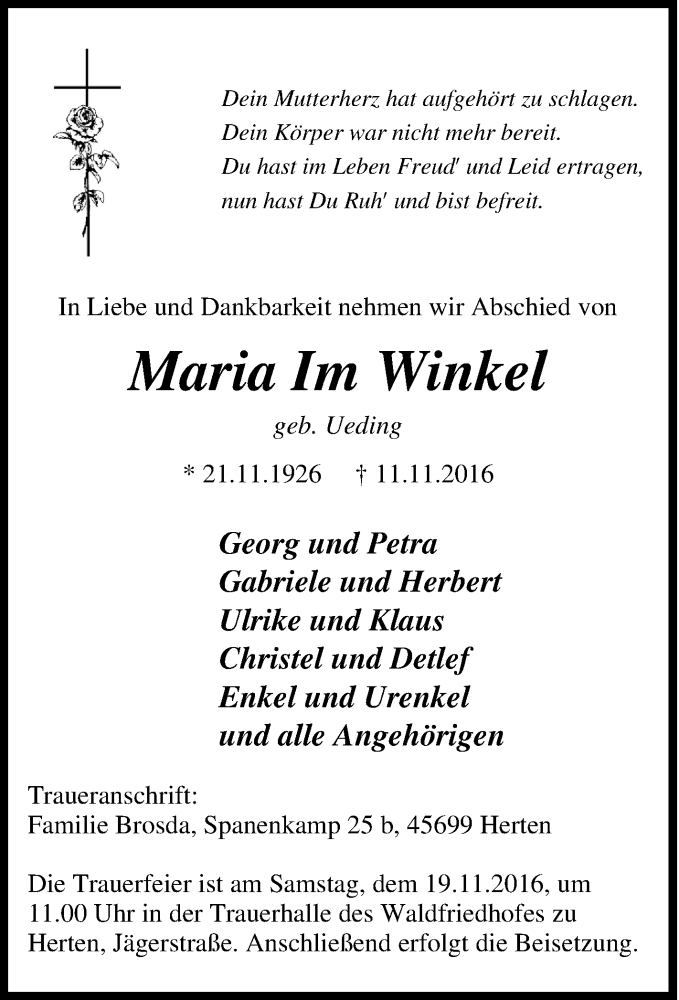  Traueranzeige für Maria Im Winkel vom 15.11.2016 aus Tageszeitung