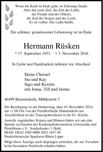 Traueranzeige von Hermann Rüsken von Tageszeitung