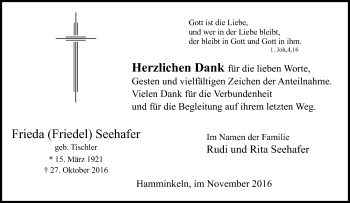 Traueranzeige von Frieda Seehafer von Tageszeitung