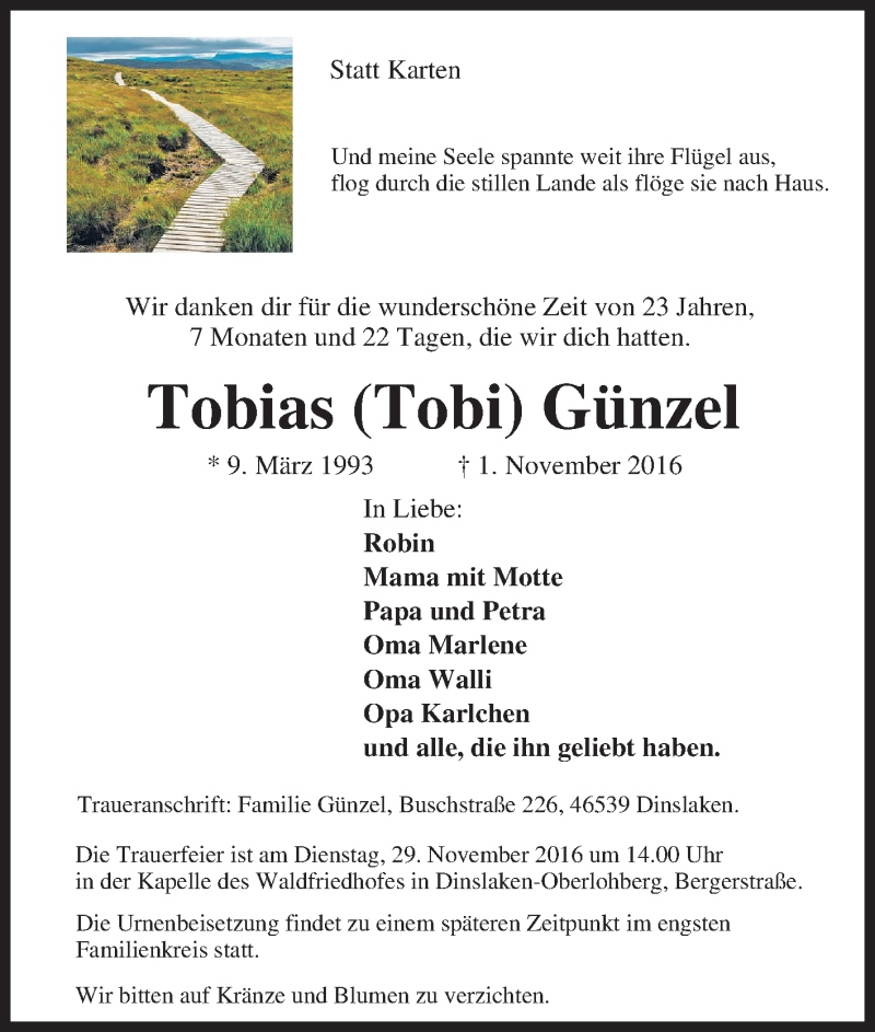  Traueranzeige für Tobias Günzel vom 25.11.2016 aus Tageszeitung