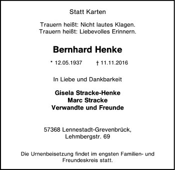 Traueranzeige von Bernhard Henke von Tageszeitung