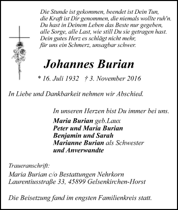 Traueranzeige von Johannes Burian von Tageszeitung