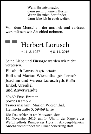 Traueranzeige von Herbert Lorusch von Tageszeitung