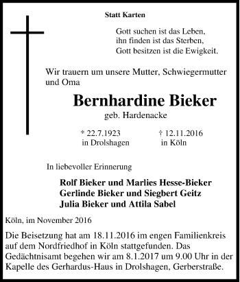 Traueranzeige von Bernhardine Bieker von Tageszeitung