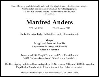 Traueranzeige von Manfred Anders von Tageszeitung