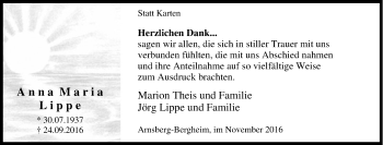 Traueranzeige von Anna Maria  Lippe von Tageszeitung