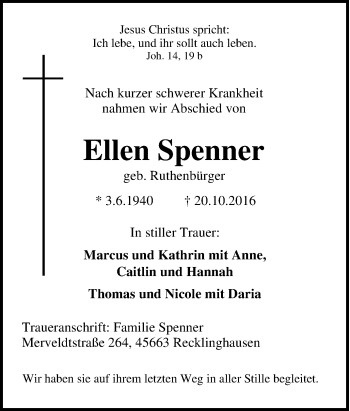 Traueranzeige von Ellen Spenner von Tageszeitung