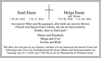 Traueranzeige von Helga, Emil Enste von Tageszeitung