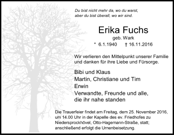 Traueranzeige von Erika Fuchs von Tageszeitung