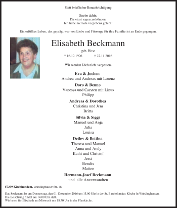 Traueranzeige von Elisabeth Beckmann von Tageszeitung