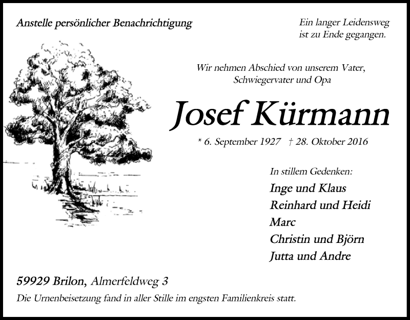  Traueranzeige für Josef Kürmann vom 09.11.2016 aus Tageszeitung