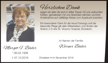 Traueranzeige von Margot F. Bäder von Tageszeitung