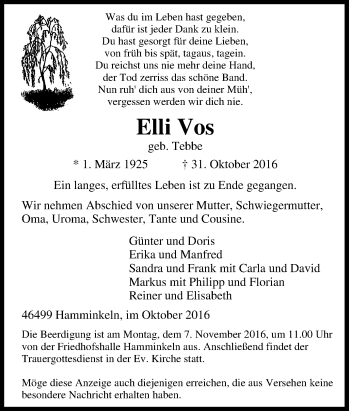 Traueranzeige von Elli Vos von Tageszeitung