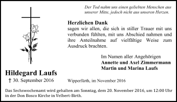Traueranzeige von Hildegard Laufs von Tageszeitung