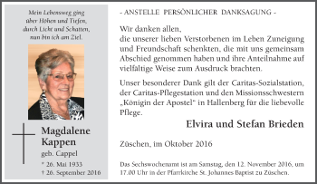 Traueranzeige von Magdalene Kappen von Tageszeitung