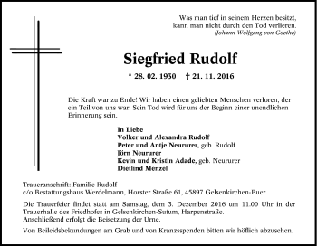 Traueranzeige von Siegfried Rudolf von Tageszeitung