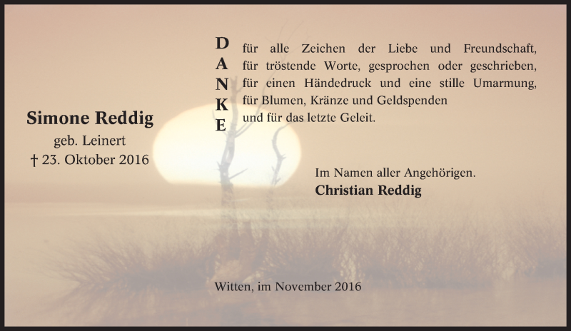  Traueranzeige für Simone Reddig vom 26.11.2016 aus Tageszeitung