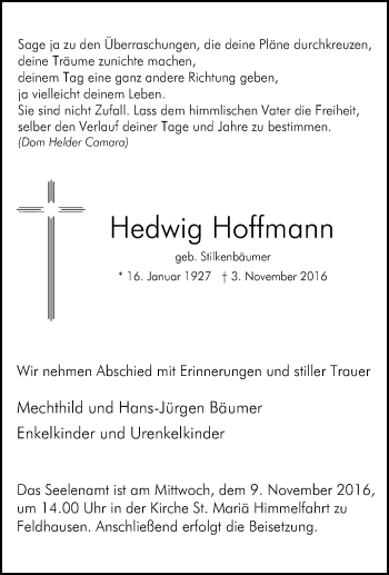 Traueranzeige von Hedwig Hoffmann von Tageszeitung