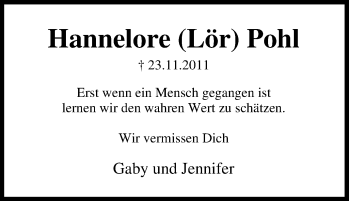 Traueranzeige von Hannelore Pohl von Tageszeitung
