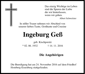 Traueranzeige von Ingeburg Geß von Tageszeitung