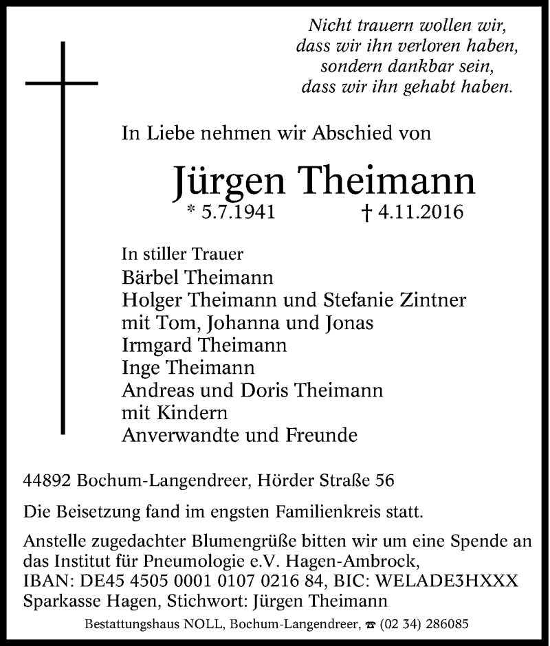  Traueranzeige für Jürgen Theimann vom 12.11.2016 aus Tageszeitung