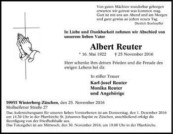 Traueranzeige von Albert Reuter von Tageszeitung