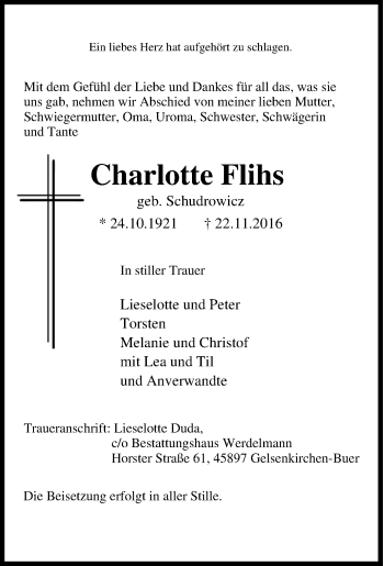 Traueranzeige von Charlotte Flihs von Tageszeitung