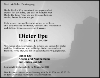Traueranzeige von Dieter Epe von Tageszeitung
