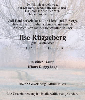 Traueranzeige von Ilse Rüggeberg von Tageszeitung
