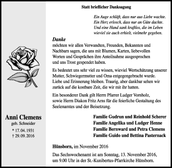 Traueranzeige von Anni Clemens von Tageszeitung