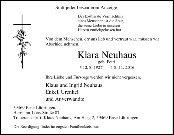 Traueranzeige von Klara Neuhaus von Tageszeitung