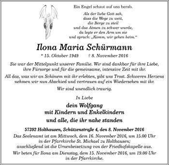 Traueranzeige von Ilona Maria Schürmann von Tageszeitung